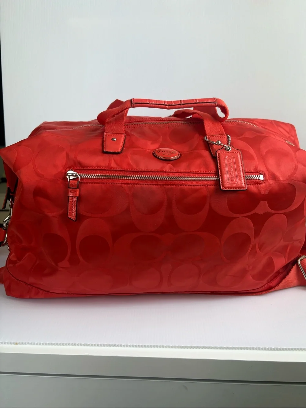 Coach Signature Hot Orange Nylon Travel Weekender Duffle Bag